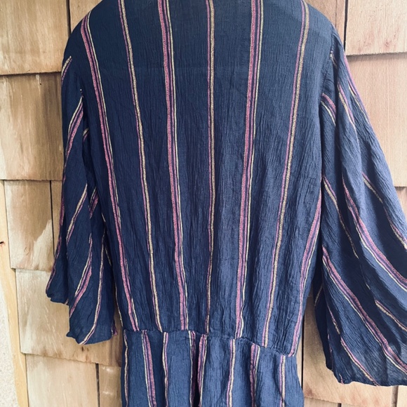 Elan 3/4 Sleeve Faux Wrap Surplice Stripe Pink Romper In Blue Viscose  Size L - Picture 12 of 16